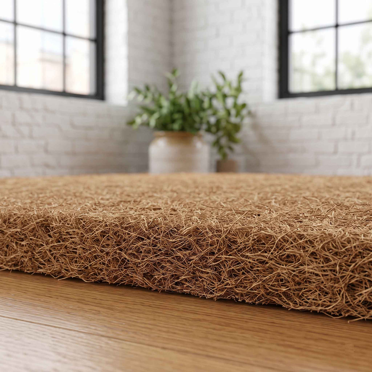 A close-up of a natural brown coir fiber mat or rug with a thick, fibrous textured edge, resting on a light wood floor in a bright room with a white brick wall and potted plants in the background.