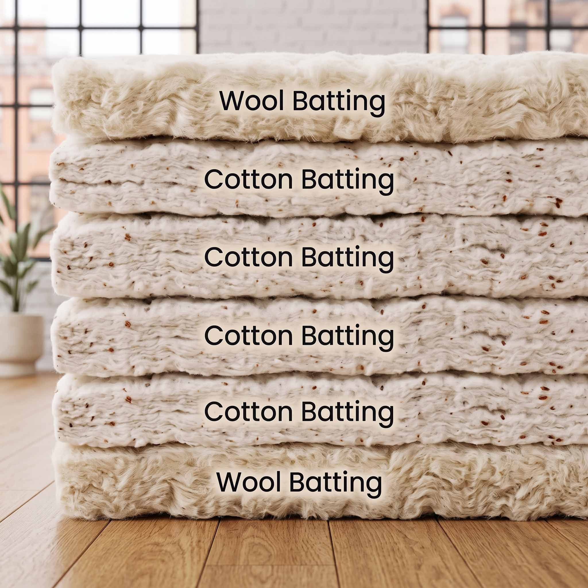 A stack of five fabric batting samples on a wooden floor, with two samples labeled Wool Batting and three labeled Cotton Batting. The top sample is wool, showing a fluffy, brushed texture, while the cotton samples below show a fibrous, speckled texture.
