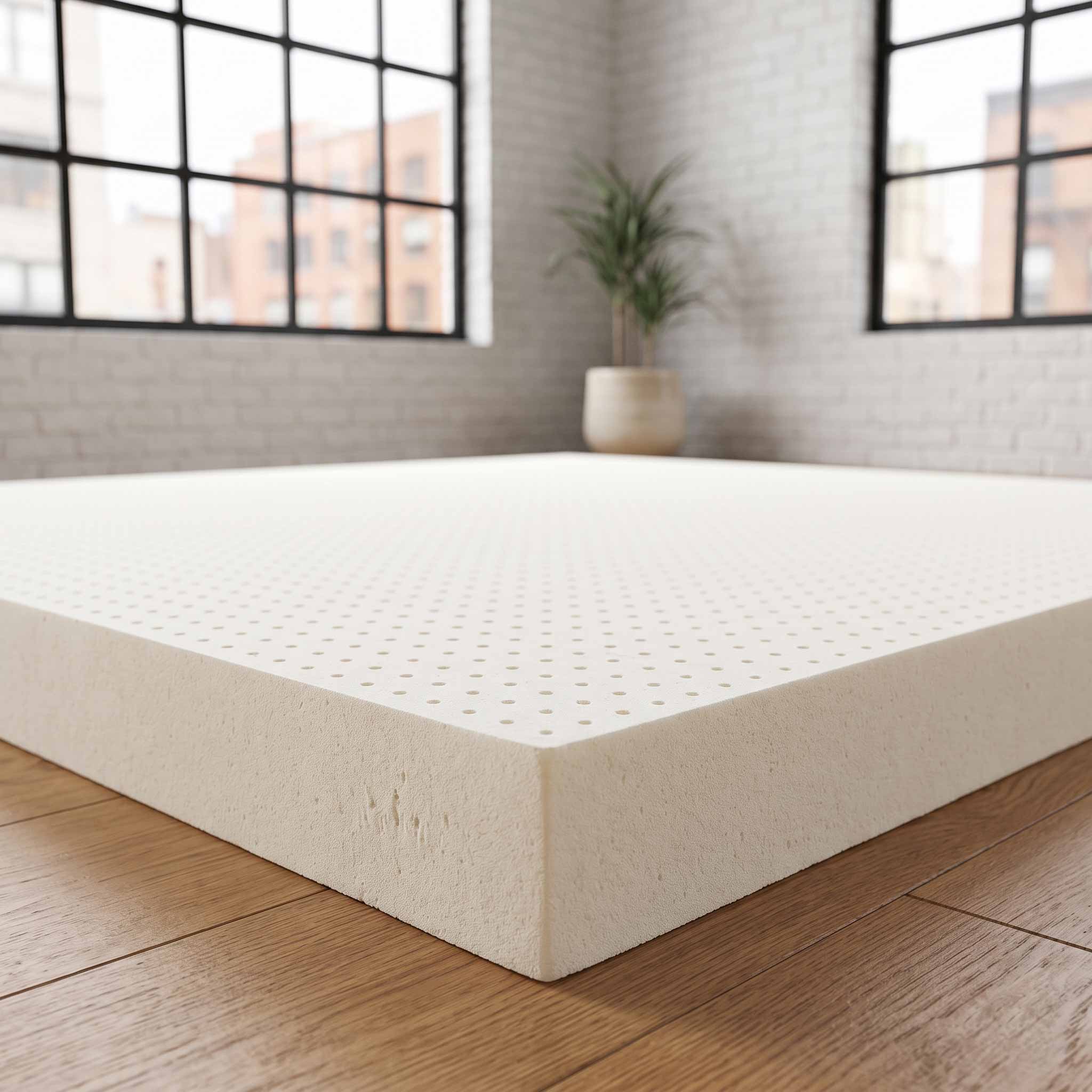 A thick, off-white latex mattress topper with a perforated cooling surface, shown on a wooden floor in a bright, modern room with brick walls and large windows.