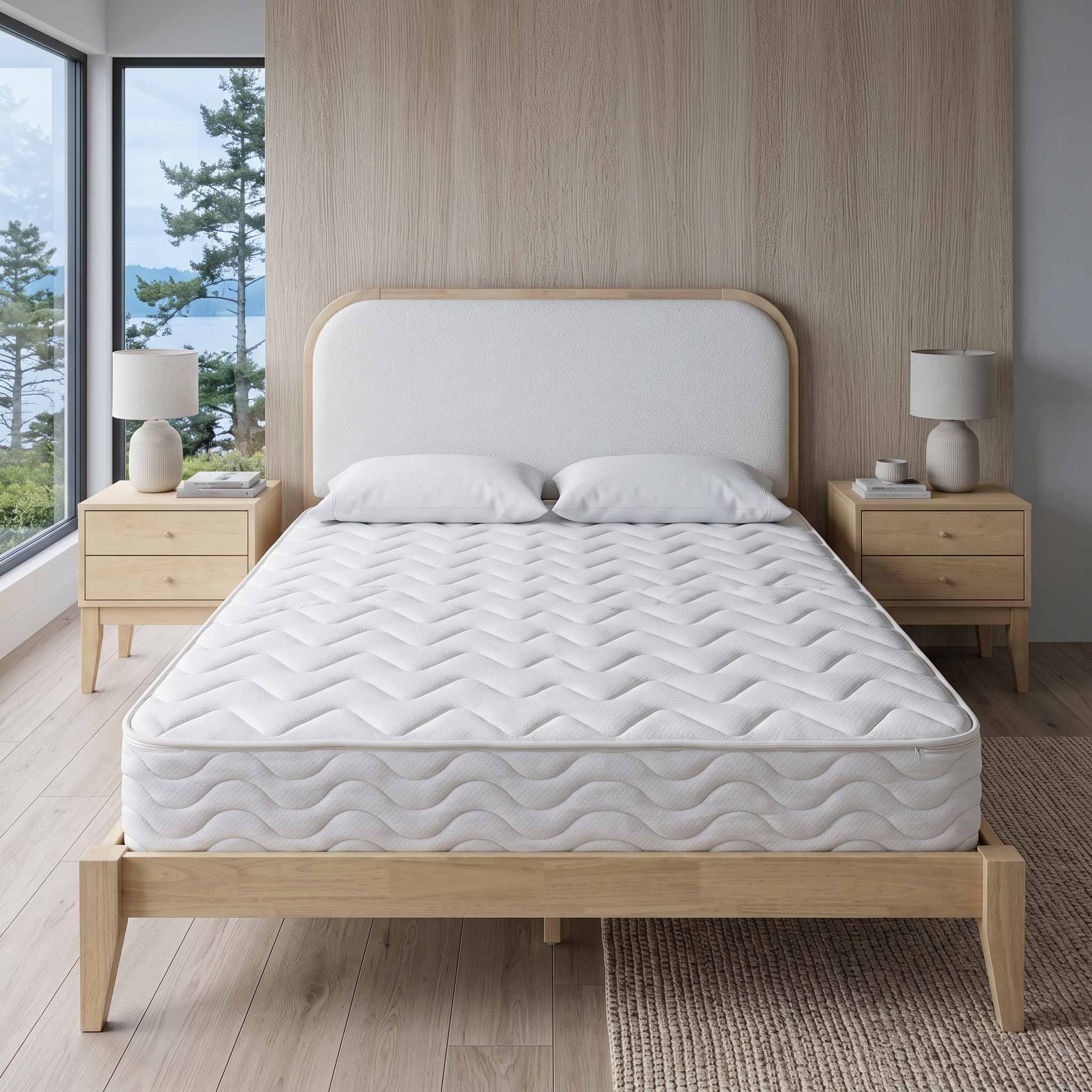 A white quilted mattress on a light wood bed frame in a modern bedroom setting with a wood-paneled wall, matching nightstands, lamps, and a large window view.
