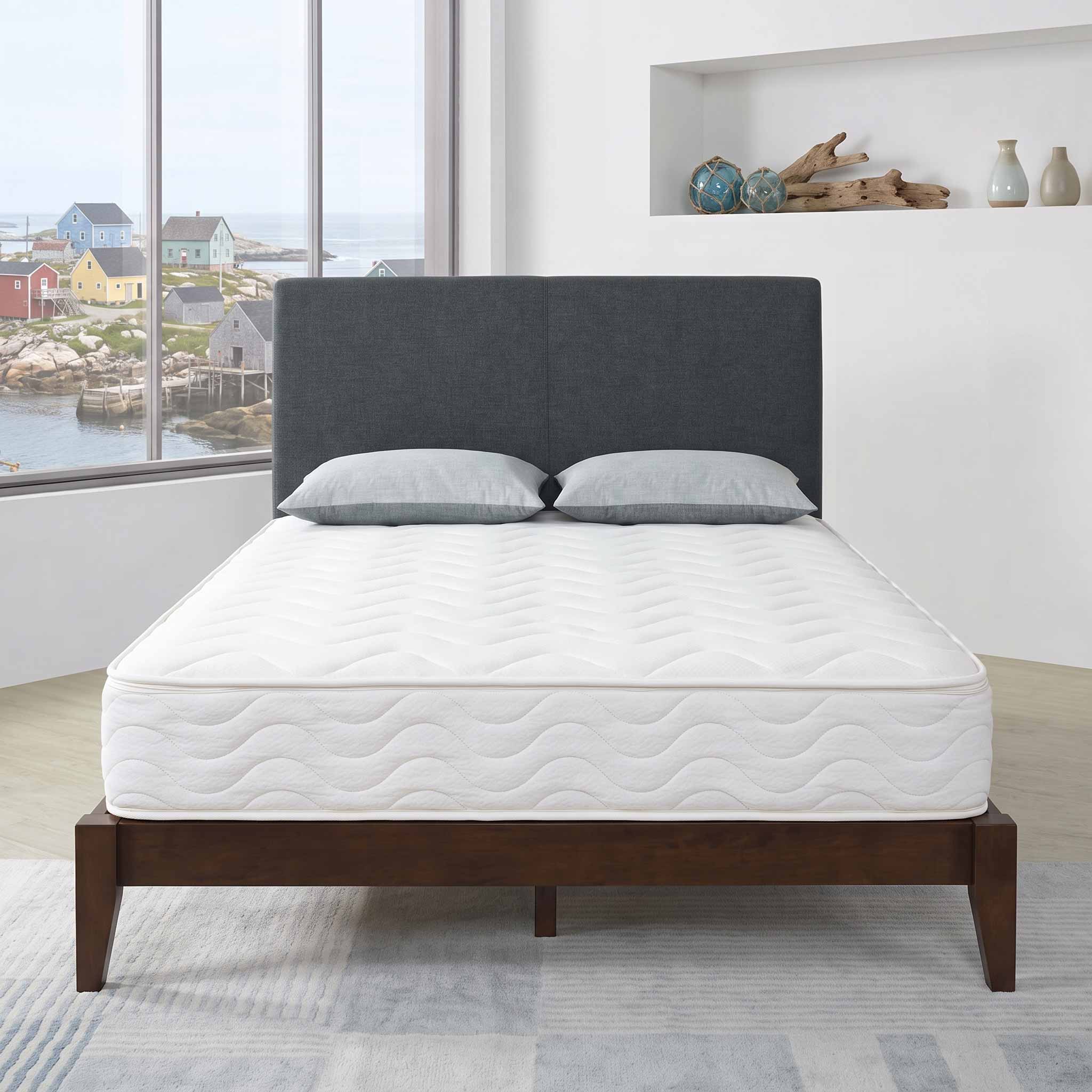 Dark fabric headboard on wood frame