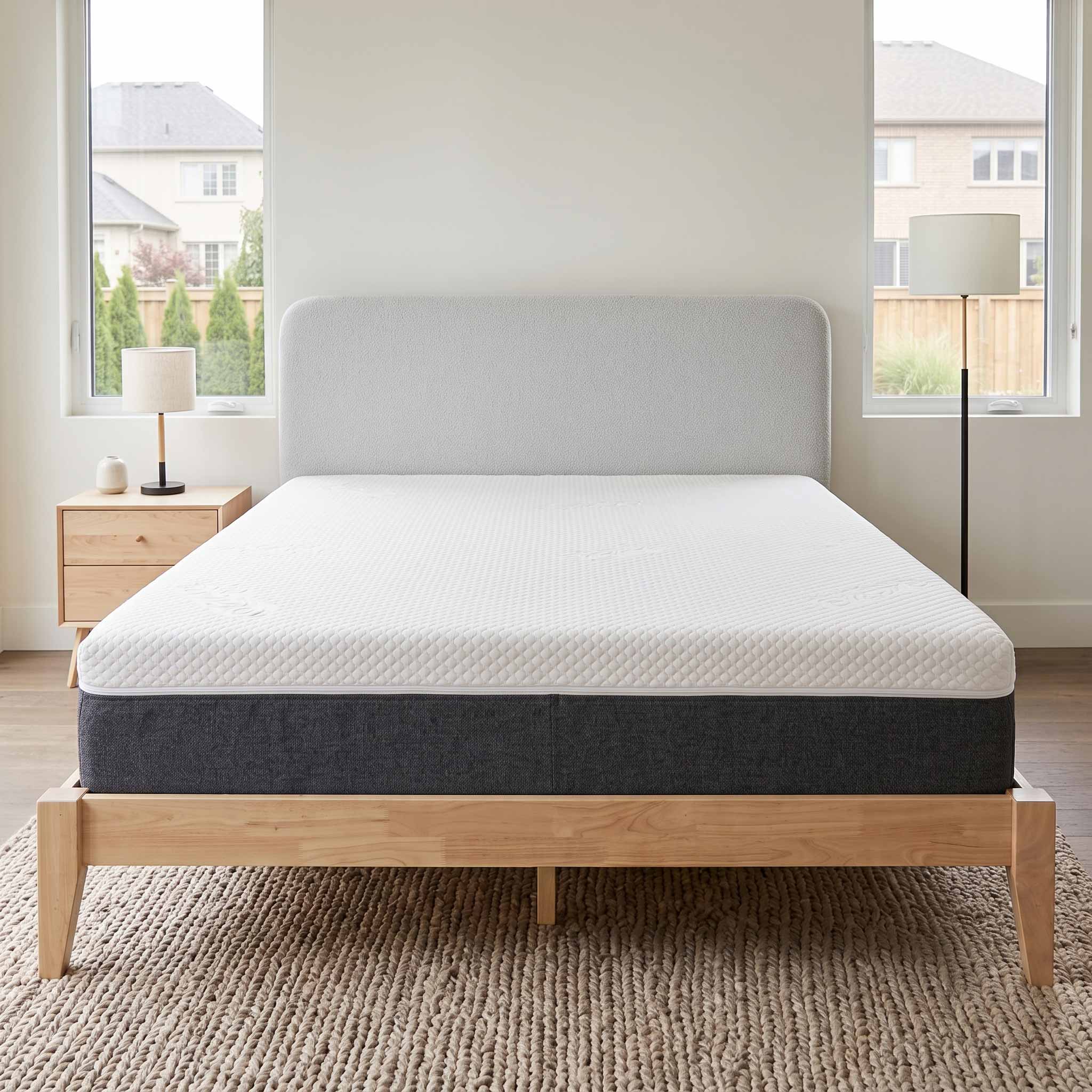 A mattress on a light wood bed frame in a bright, modern bedroom with a gray upholstered headboard, bedside tables, lamps, and windows.