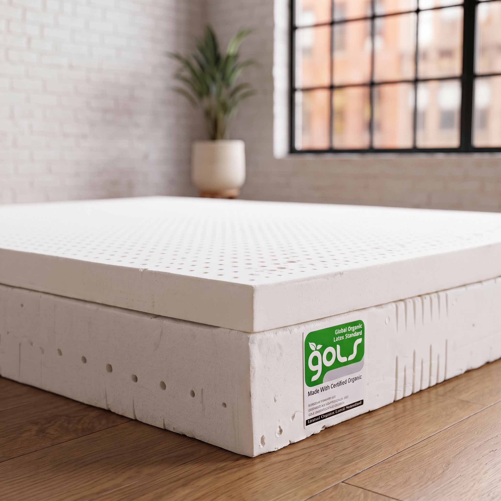 Presto Firm latex mattress topper with a green and white GOLS logo label, resting on a wooden floor in a brightly lit room with a brick wall and window.