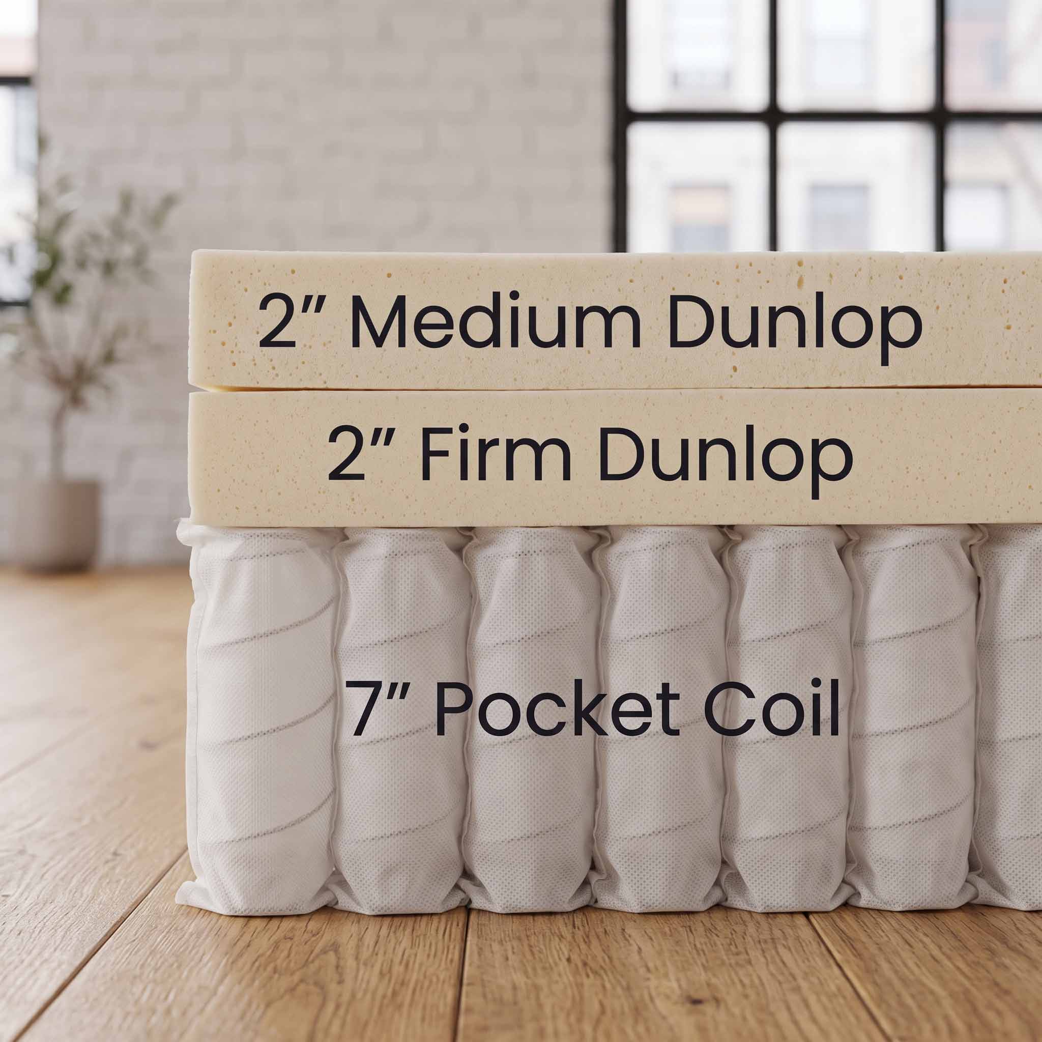 Three stacked cotton sleeping pillows in a side-by-side comparison showing different firmness and height options: two 2-inch Dunlop pillows (one medium, one firm) and one 7-inch pocket coil pillow, labeled with text overlays on a wooden floor in front of a blurred brick wall background.