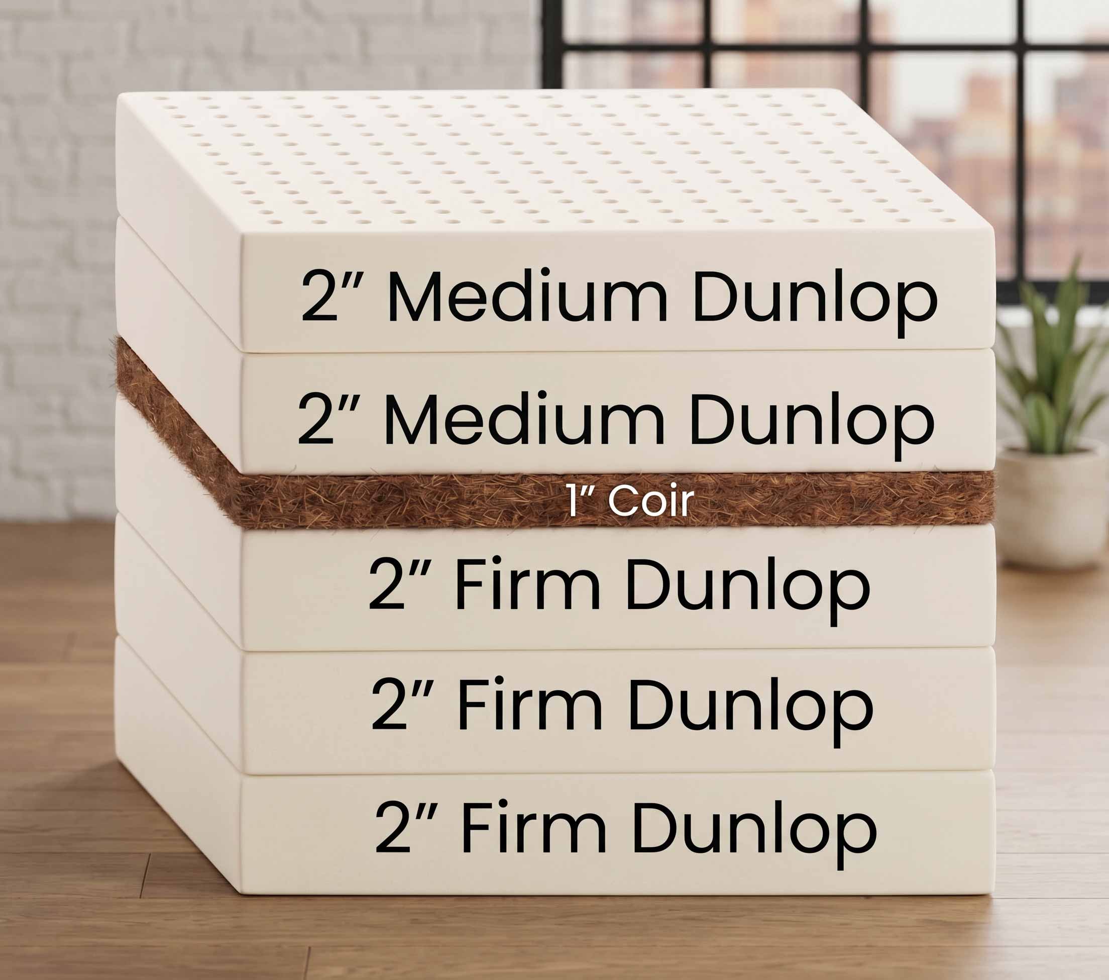 A stack of white Dunlop latex mattress toppers on a wooden surface, with text labels indicating sizes and firmness including 2" Medium Dunlop, 1" Coir, and 2" Firm Dunlop.