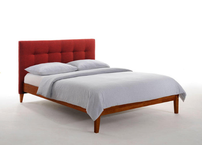Red-Fabric-Upholstered-Headboard-Bed-With-Cherry-Side-Rails 