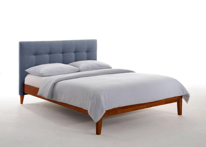 Charcoal-Upholstered-Headboard-Bed-Frame-in-Cherry-Finish